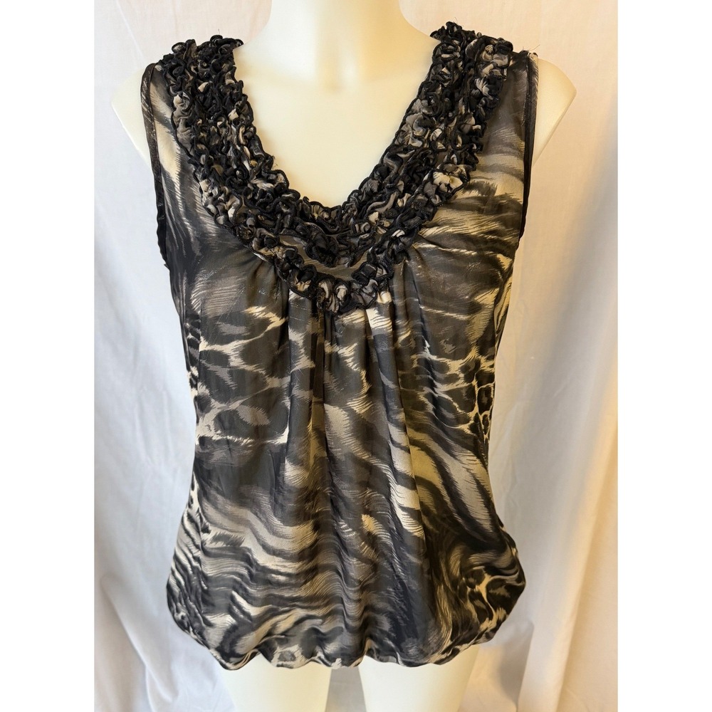 Daytrip Sleeveless Top Grey Black Animal Print Ruffle Metallic Party Medium